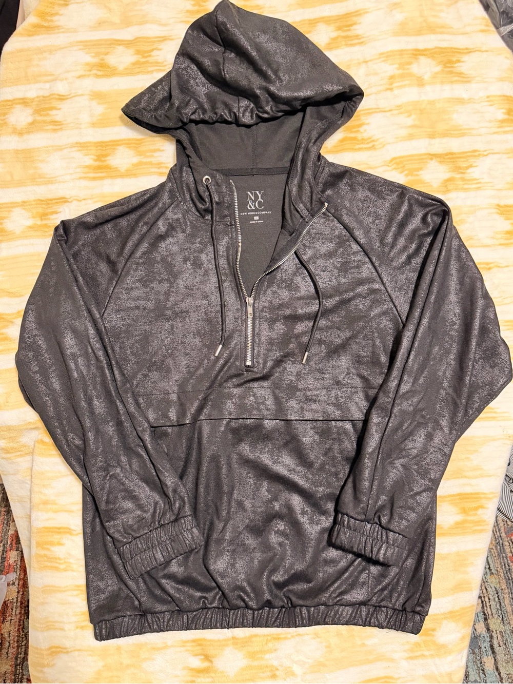 New York & Company Black Shimmer Half-Zip Hooded Pullover Jacket medium